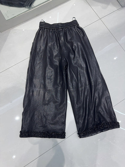 Women Wide Leg Leather Pants High Waisted Nine Point Trousers