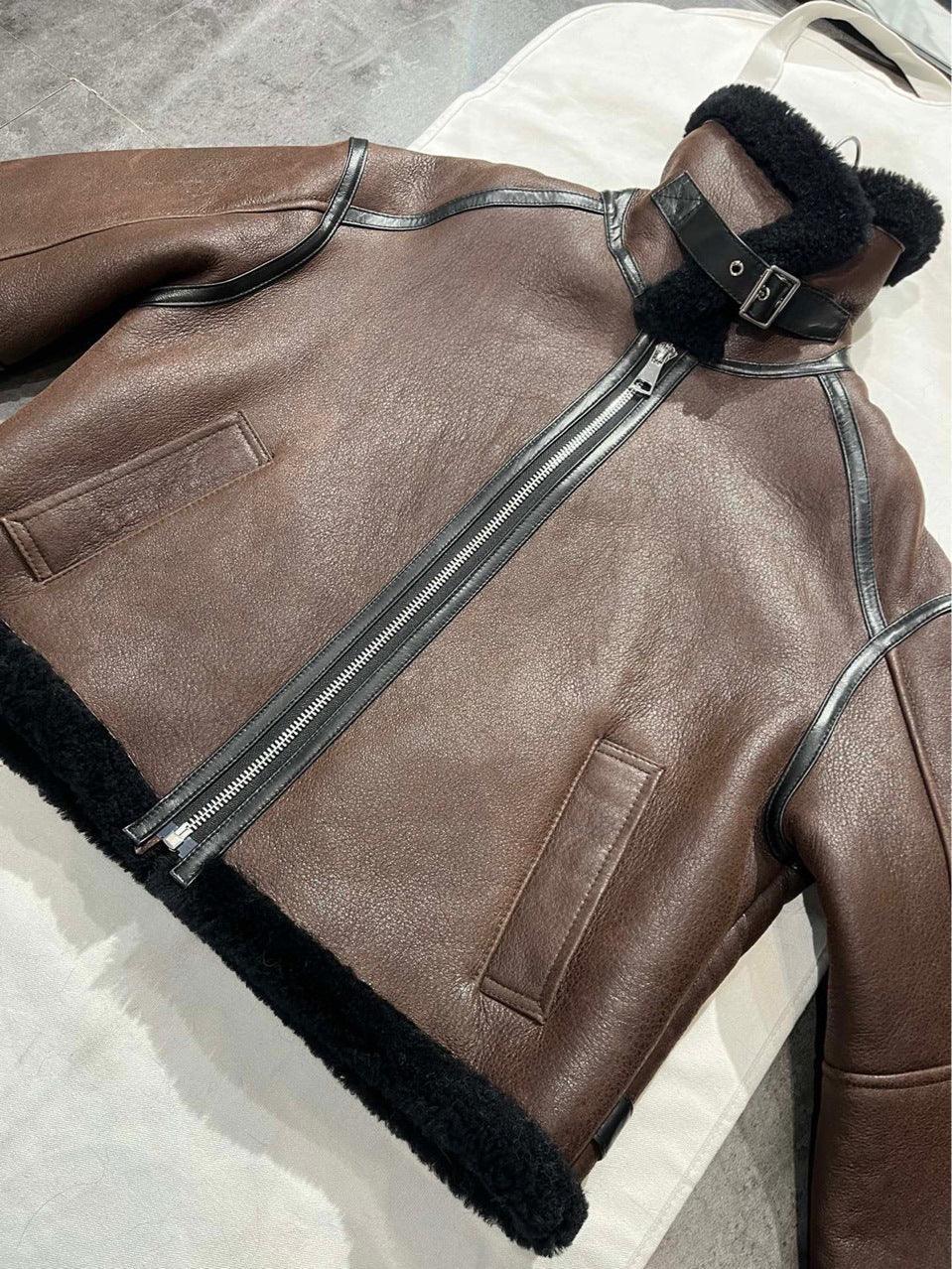 Brown High Waist Moto Style Leather Bomber Jacket with Black Fur Collar