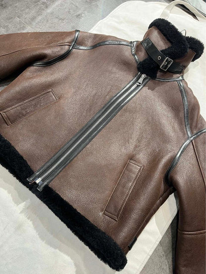 Brown High Waist Moto Style Leather Bomber Jacket with Black Fur Collar