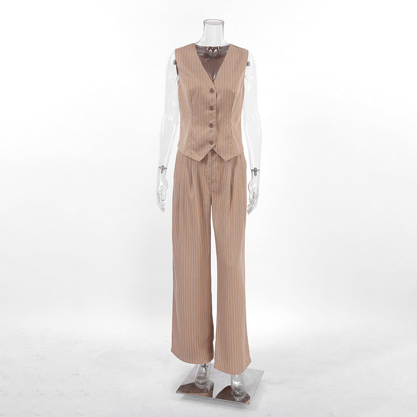 Women’s Pinstripe Two-Piece Vest and Wide-Leg Trouser Set