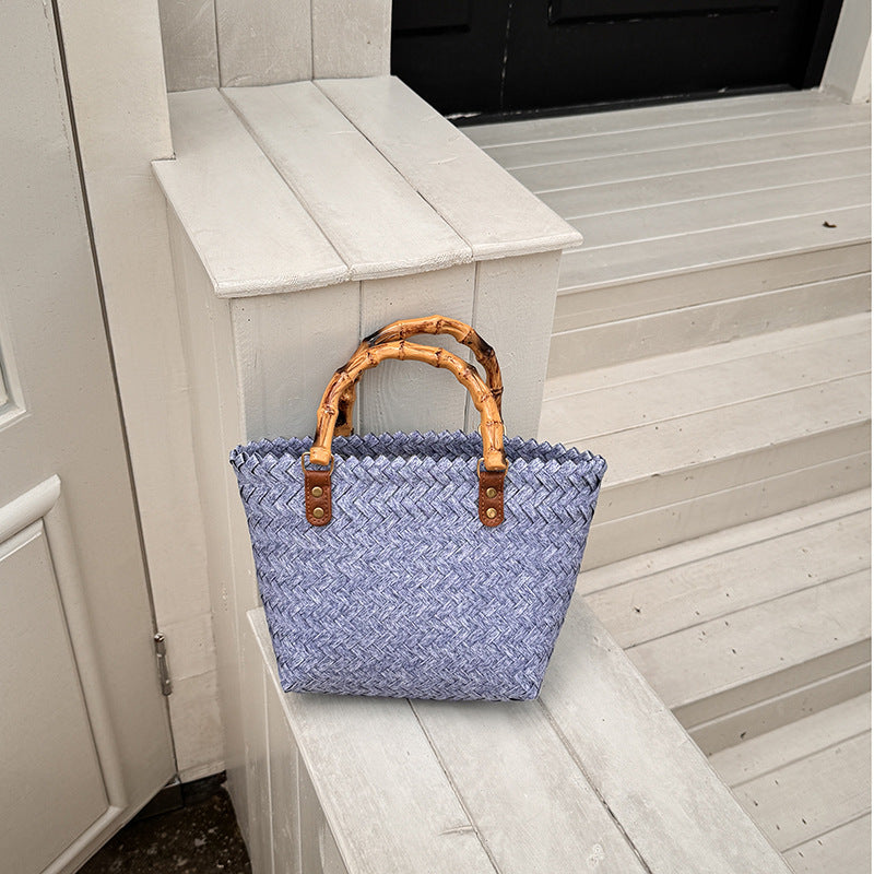 Woven Summer Tote Bag With Bamboo Handle
