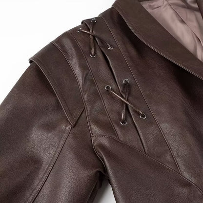 Faux Leather Jacket Women Belted Retro Wrap Style
