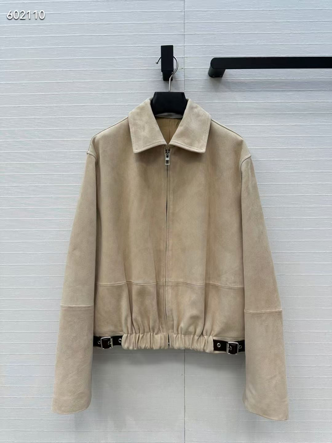 Women Beige Suede Bomber Jacket With Buckle Detail
