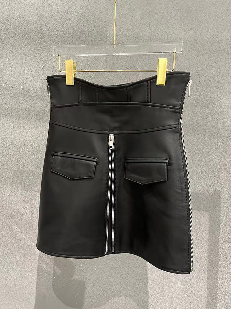 Leather Mini Skirt Black High Waisted Zip Front