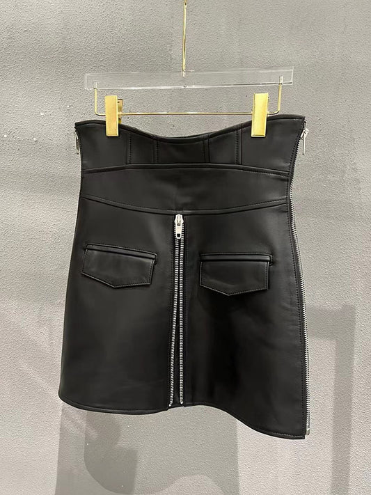 Leather Mini Skirt Black High Waisted Zip Front