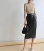 Brown sheepskin mid length bodycon leather skirt with slit