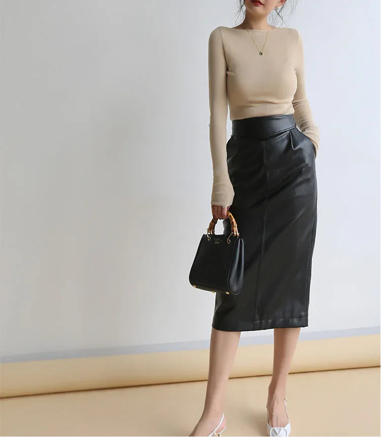 Brown sheepskin mid length bodycon leather skirt with slit