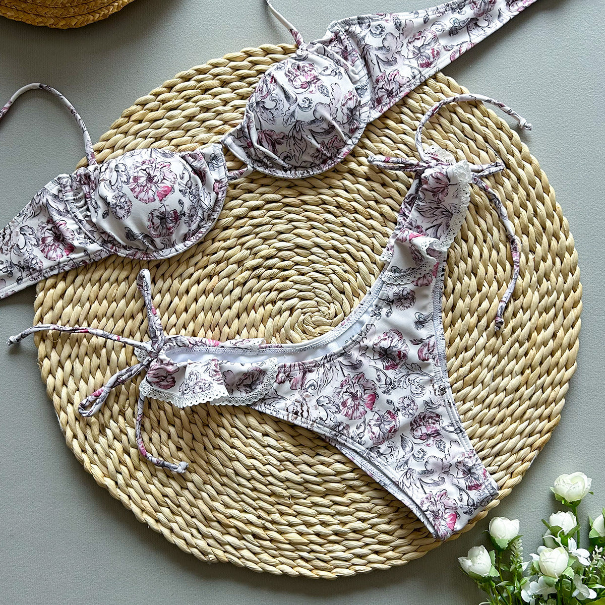 Women’s Floral Lace Trim Tie Side Bikini Set