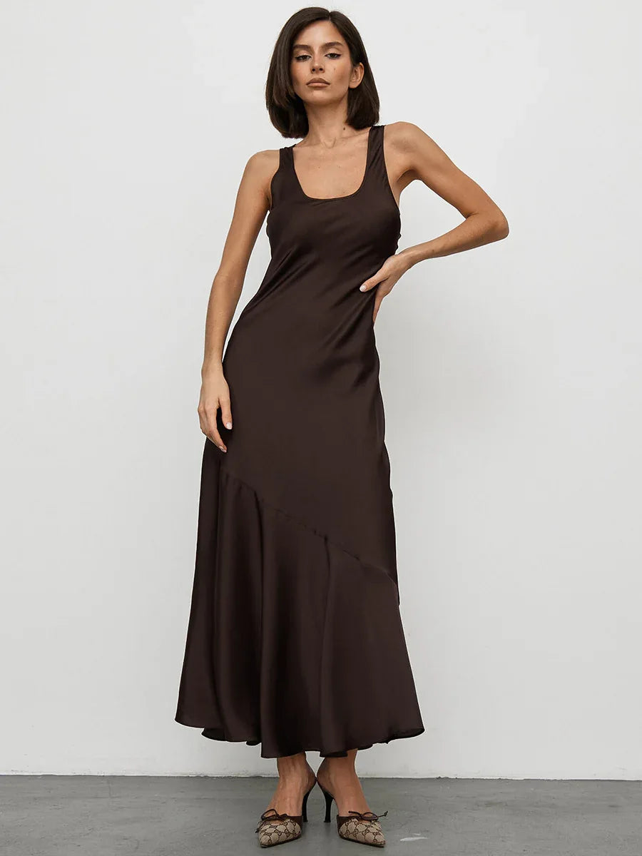 New satin maxi dress in cocoa brown