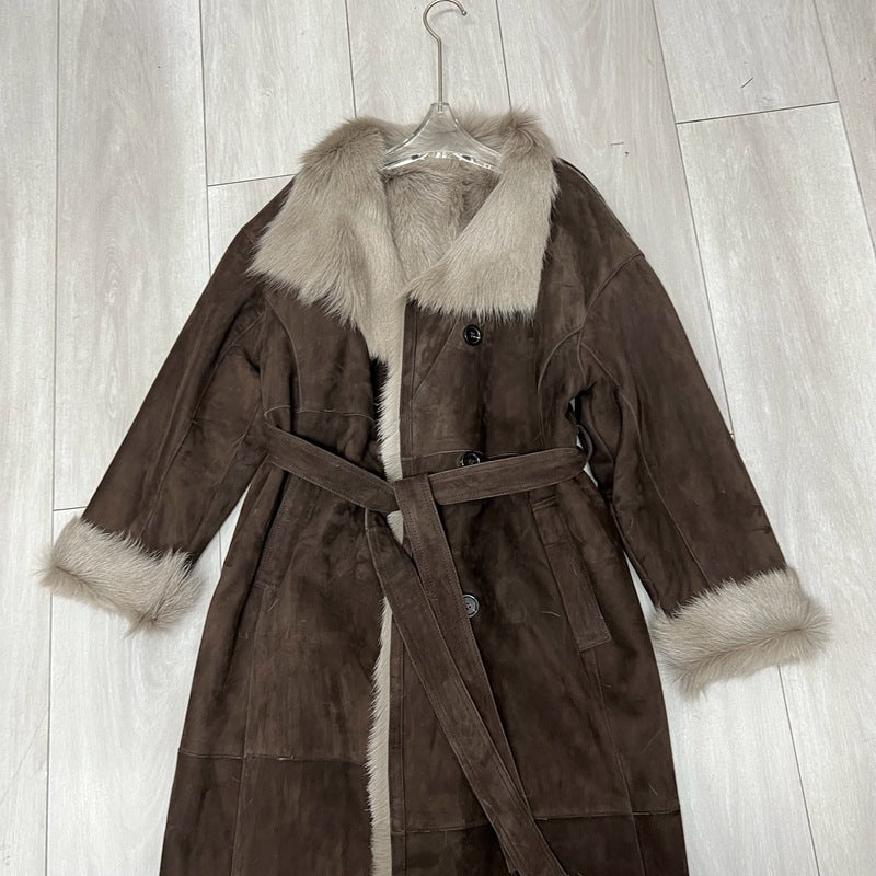 Women Suede Jacket Long Sheepskin Coat