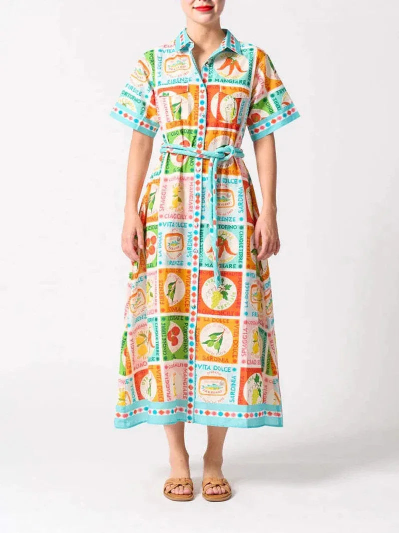 Printed linen maxi shirt collar summer dress