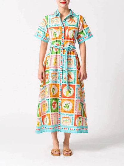 Printed linen maxi shirt collar summer dress