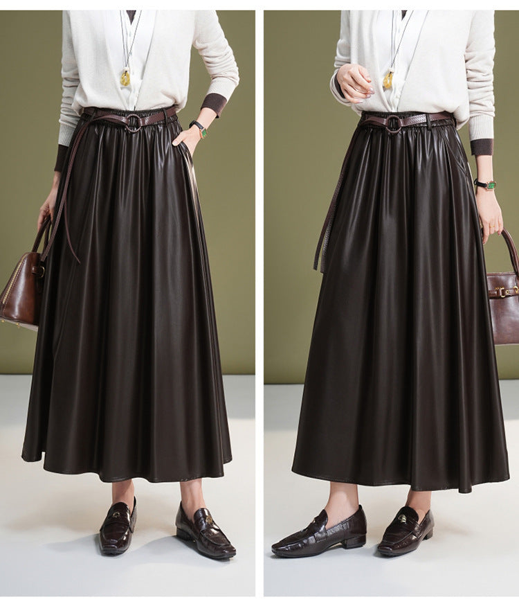 Leather maxi skirt with belt