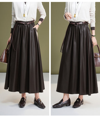 Leather maxi skirt with belt