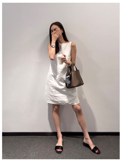White linen backless mini dress spaghetti strap summer casual