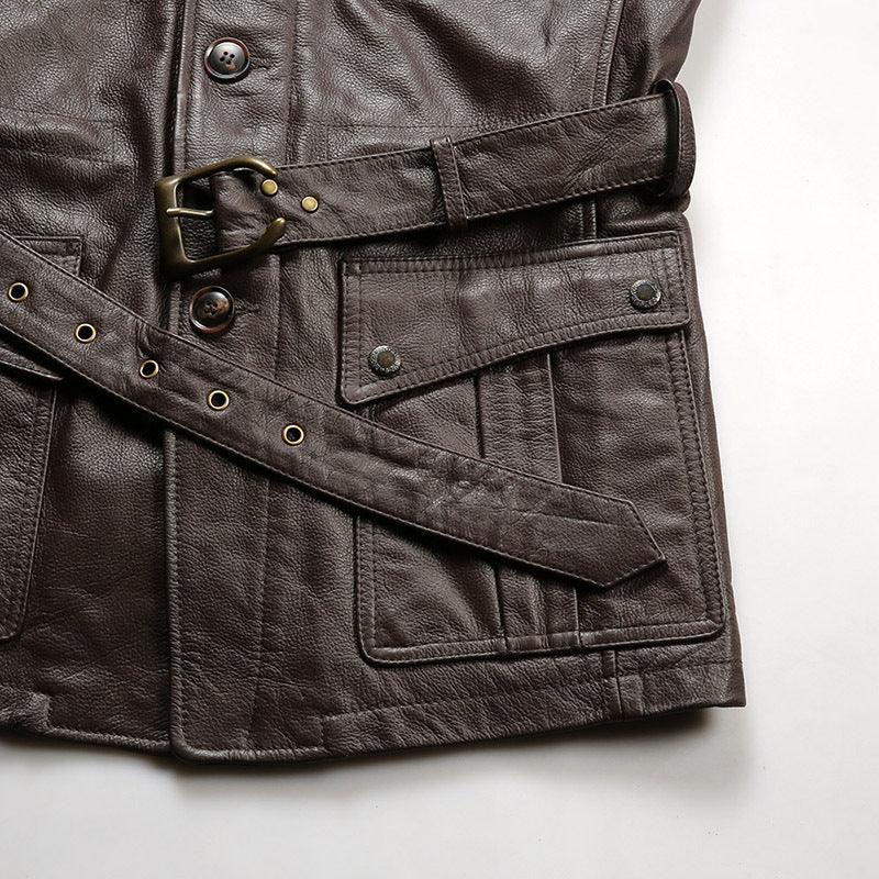 Men Brown Belted Leather Hunting Jacket