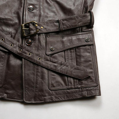 Men Brown Belted Leather Hunting Jacket