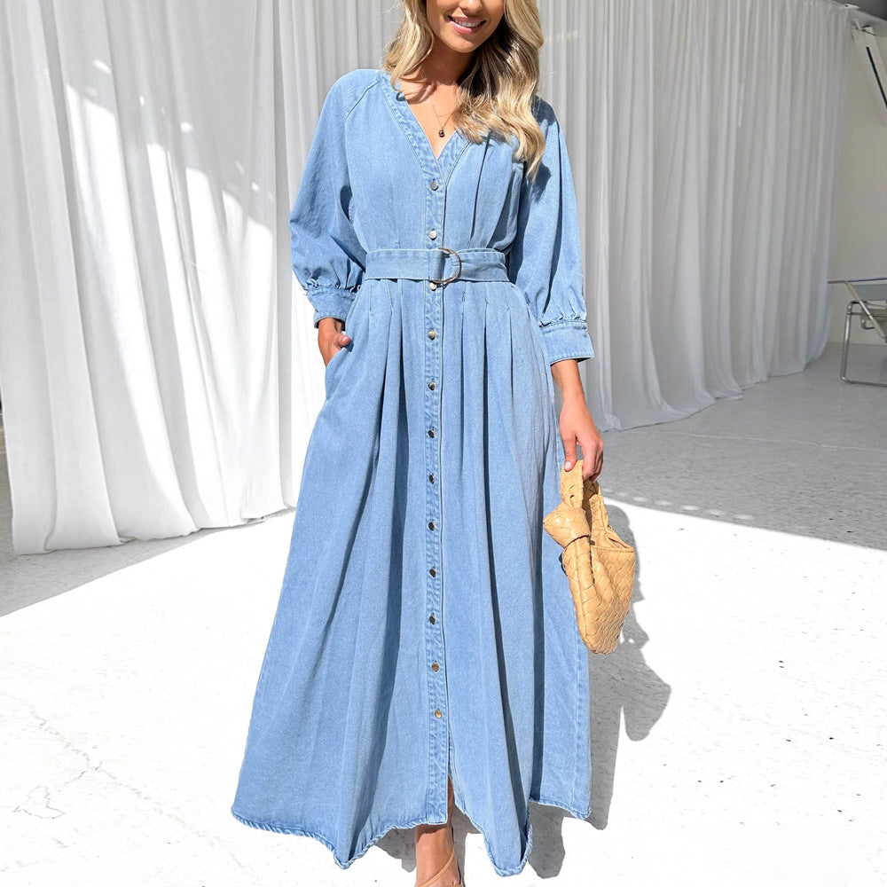 Denim Long Dress Women Button Front Belted V Neck Midi