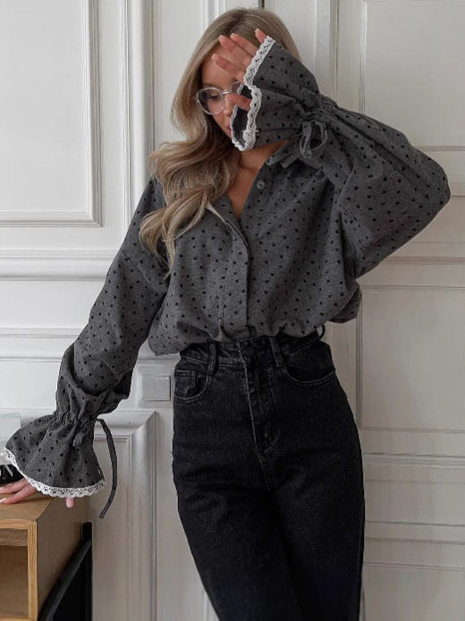 Grey heart print lace cuff lapel button long sleeve shirt