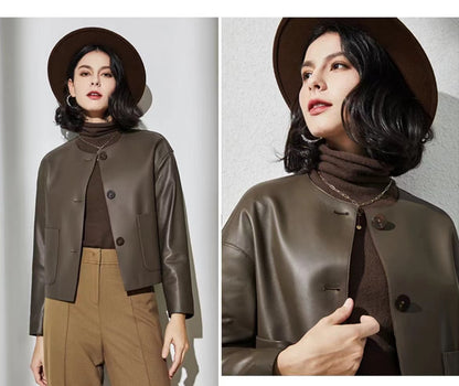 Round neck cropped sheepskin leather jacket