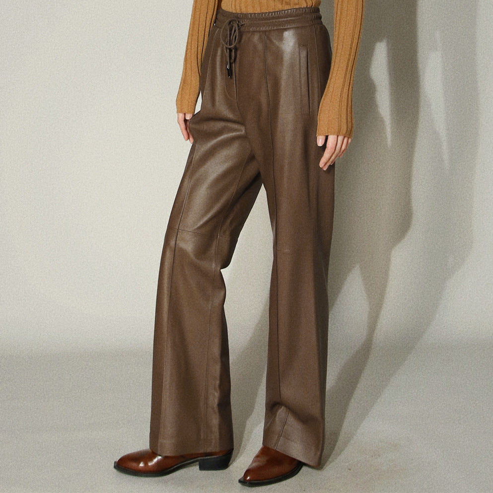 Women’s Genuine Leather Trousers High Waisted Wide Leg Pants