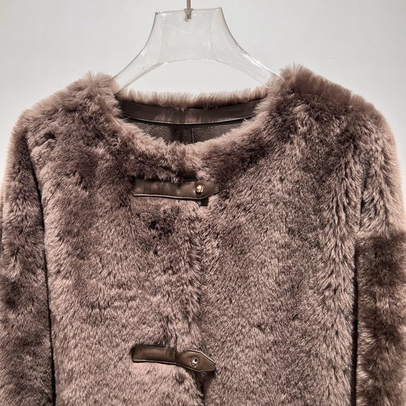 Women Leather Real Fur Coat Short Shearling Round Neck Jacket