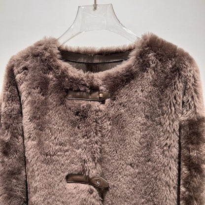 Women Leather Real Fur Coat Short Shearling Round Neck Jacket