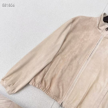 Women Beige Suede Bomber Jacket Real Suede Zip-Up Coat