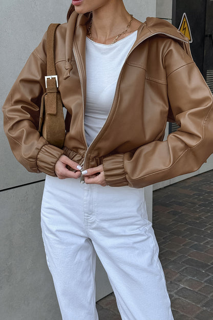 Faux Leather Hooded Jacket Women Zip-Up Street Casual
