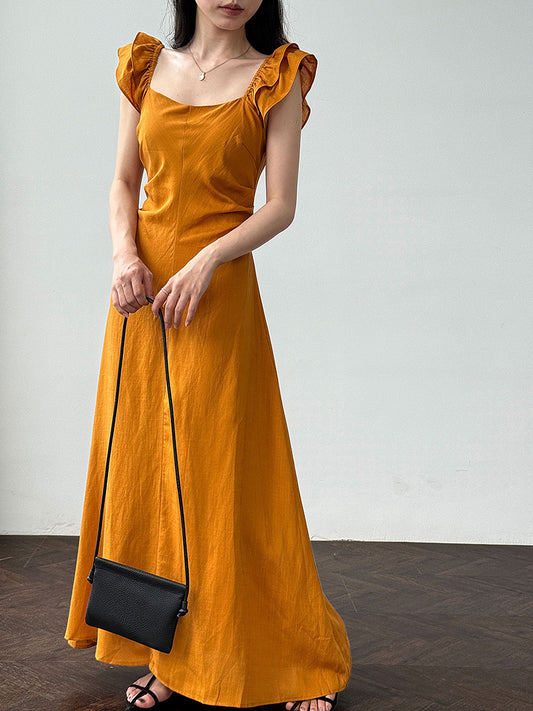 White flutter sleeve linen maxi dress with open back waist fit 1
