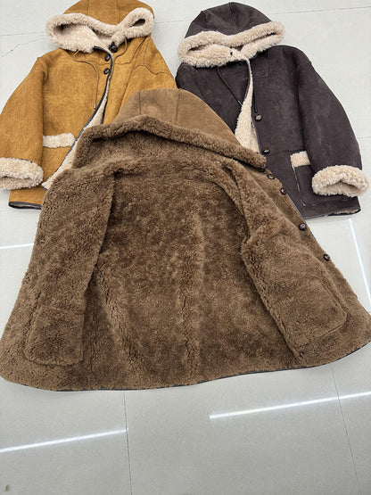 Women Shearling Fur Suede Hooded Coat