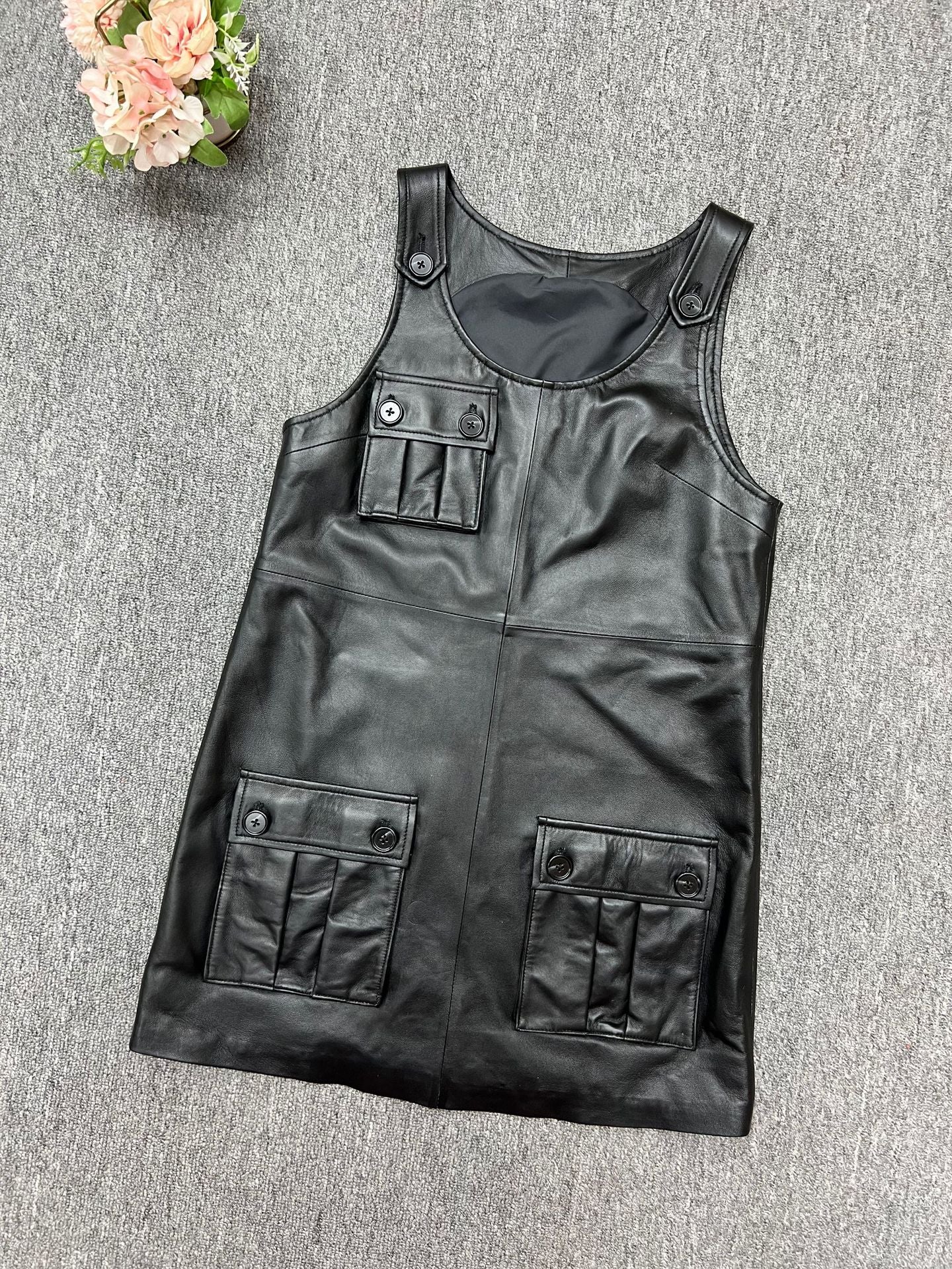 Women Leather Mini Dress A-Line Pocket Dress