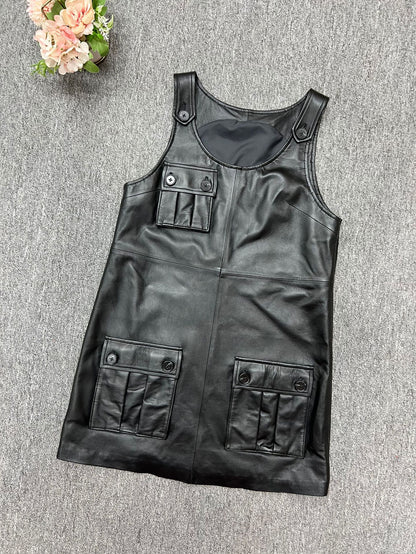Women Leather Mini Dress A-Line Pocket Dress
