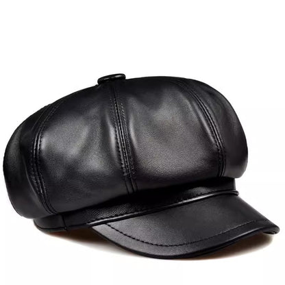 Women’s Genuine Leather Newsboy Cap with Short Brim