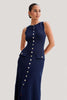 Navy Ribbed Sleeveless Gold-Button Knit Dress