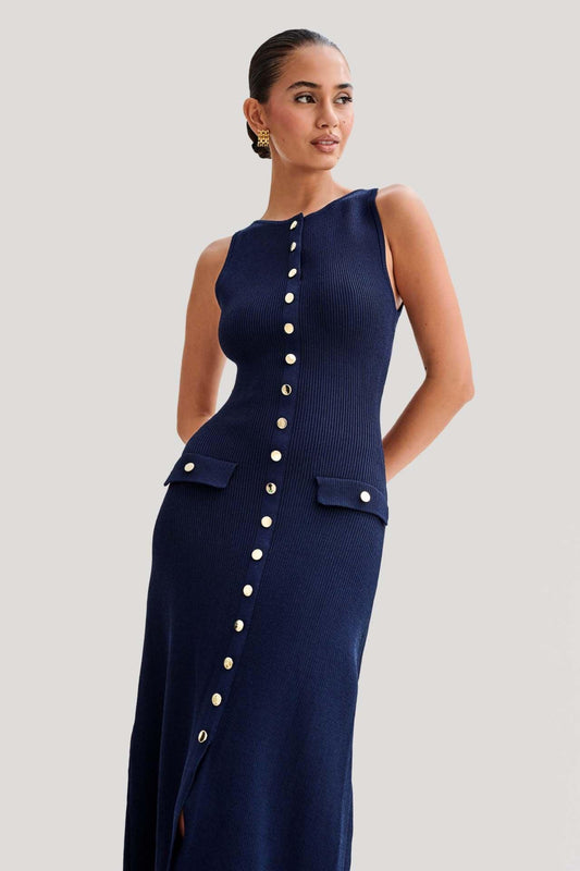 Navy Ribbed Sleeveless Gold-Button Knit Dress