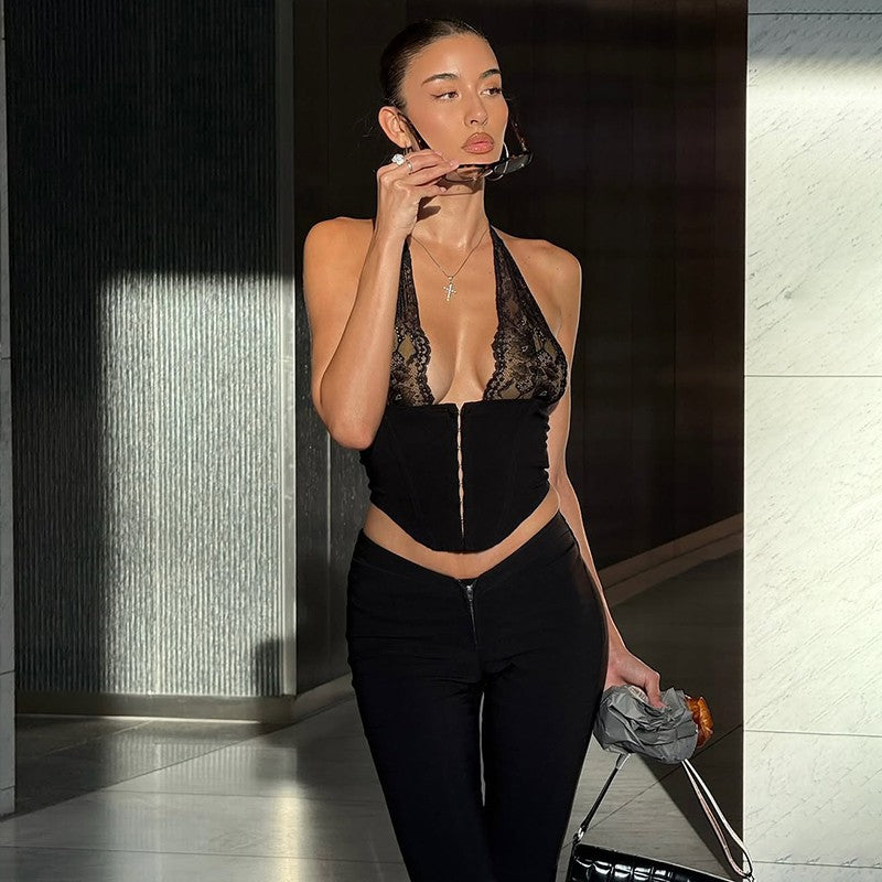 Lace Wrapped Chest Button Top with Long Pants