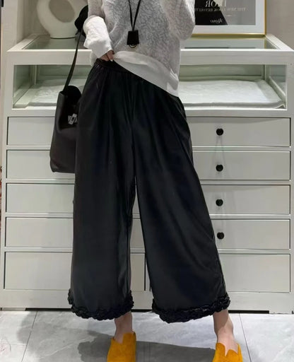 Women Wide Leg Leather Pants High Waisted Nine Point Trousers