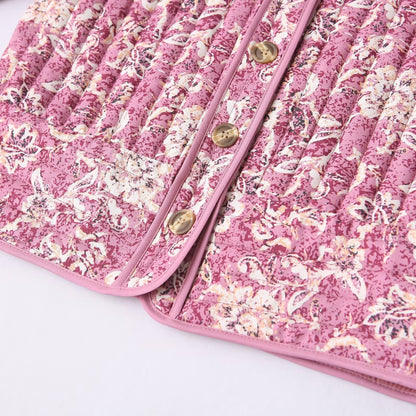 Women Floral Quilted Cotton Jacket Round Neck