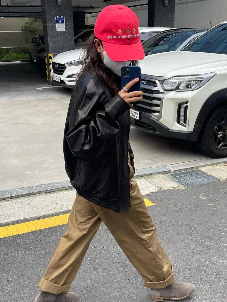 Oversized Black Leather Bomber Jacket Women