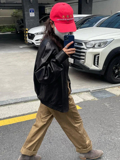 Oversized Black Leather Bomber Jacket Women