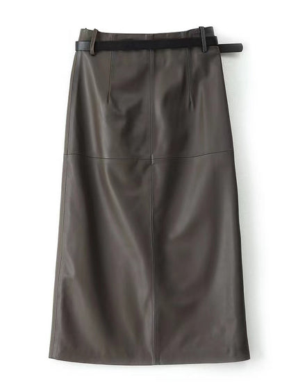 Genuine Leather Skirt High Waisted Slim Fit with Front Slit