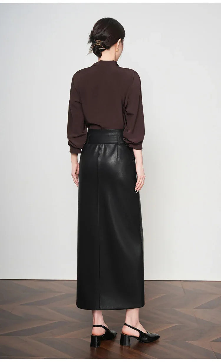 High waist belted zip front leather midi skirt