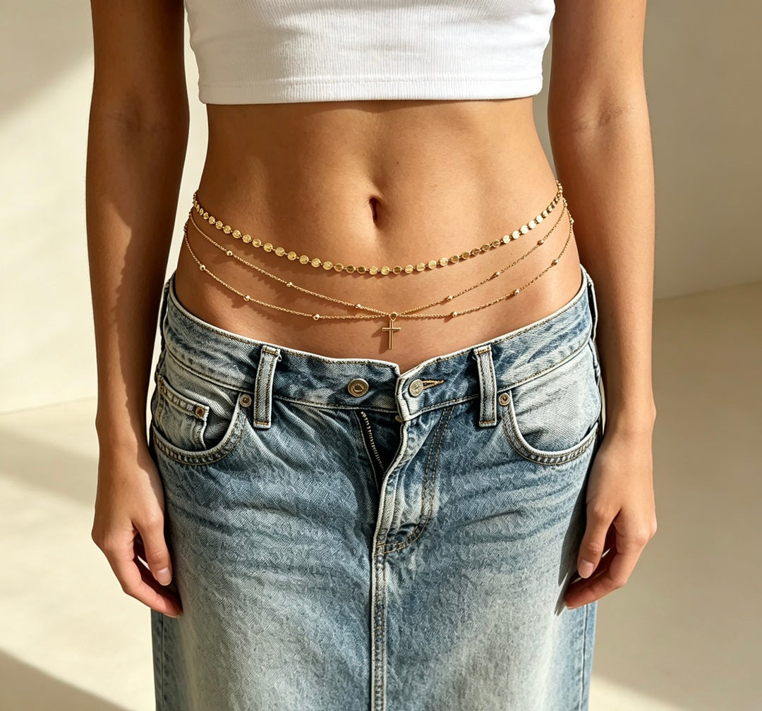 Women’s Gold Layered Cross Waist Chain Beaded Body Jewelry