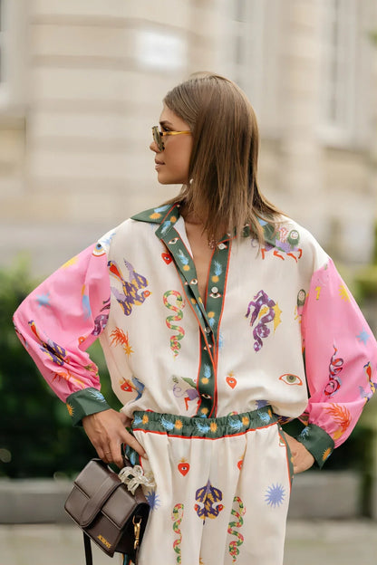 Macaron print linen coastal two piece outfit