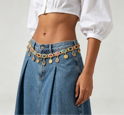 Gold Waist Chain with Multicolor Inlays and Coin Tassels