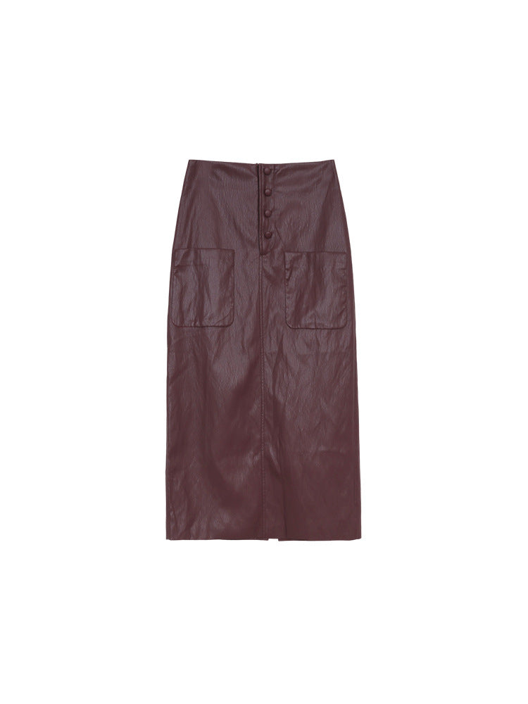 High Waisted PU Leather Pencil Skirt with Front Buttons