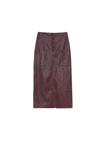 High Waisted PU Leather Pencil Skirt with Front Buttons
