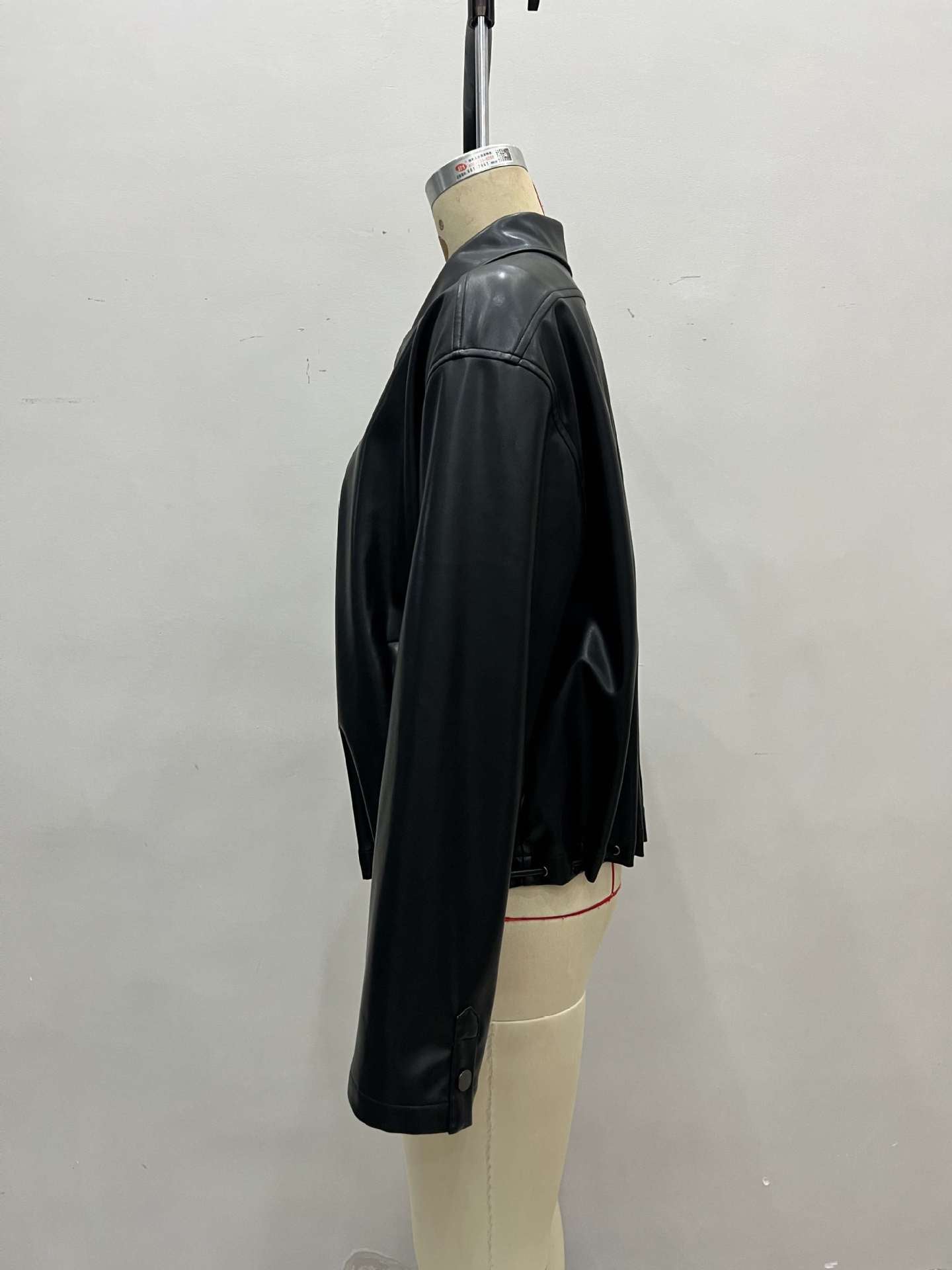 Black Glossy Faux Leather Cropped Jacket with Drawstring Hem for Women