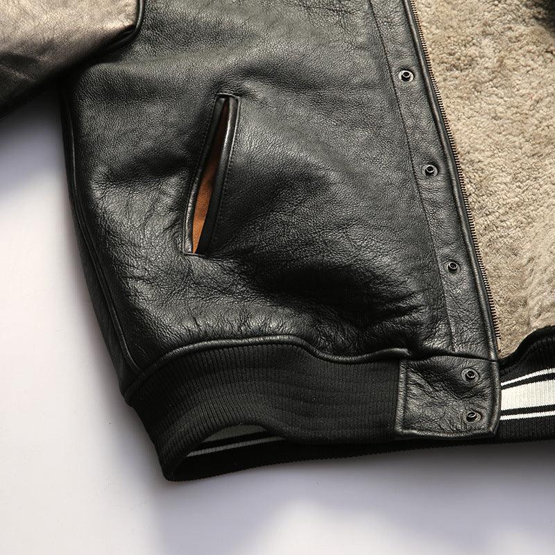 Men’s Black Leather Bomber Jacket with Real Shearling Collar